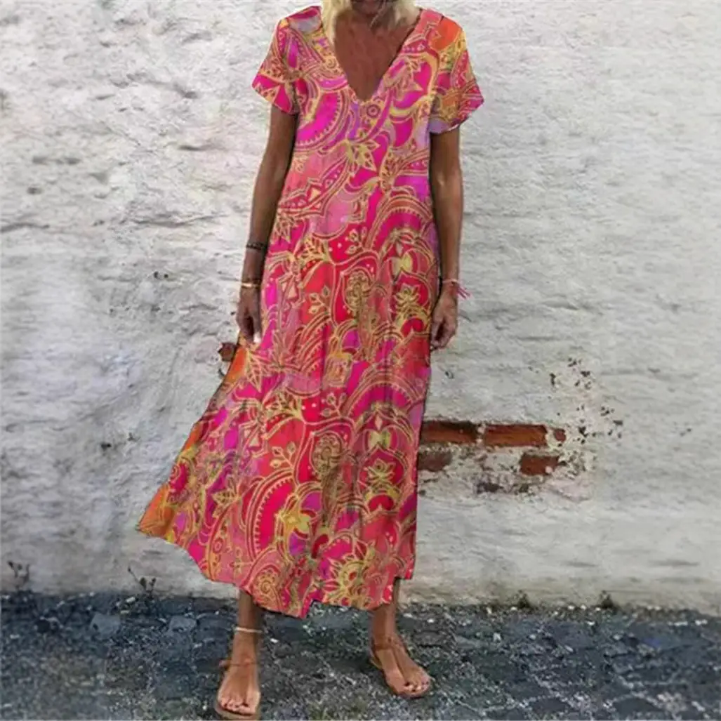 Aliexpress Boho Printed V-Neck Dress Orange Yellow - Image 7