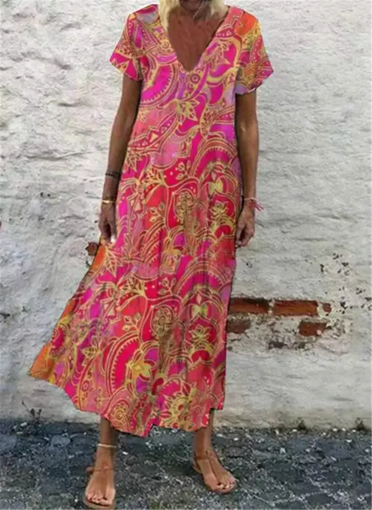 Aliexpress Boho Printed V-Neck Dress Orange Yellow - Image 2