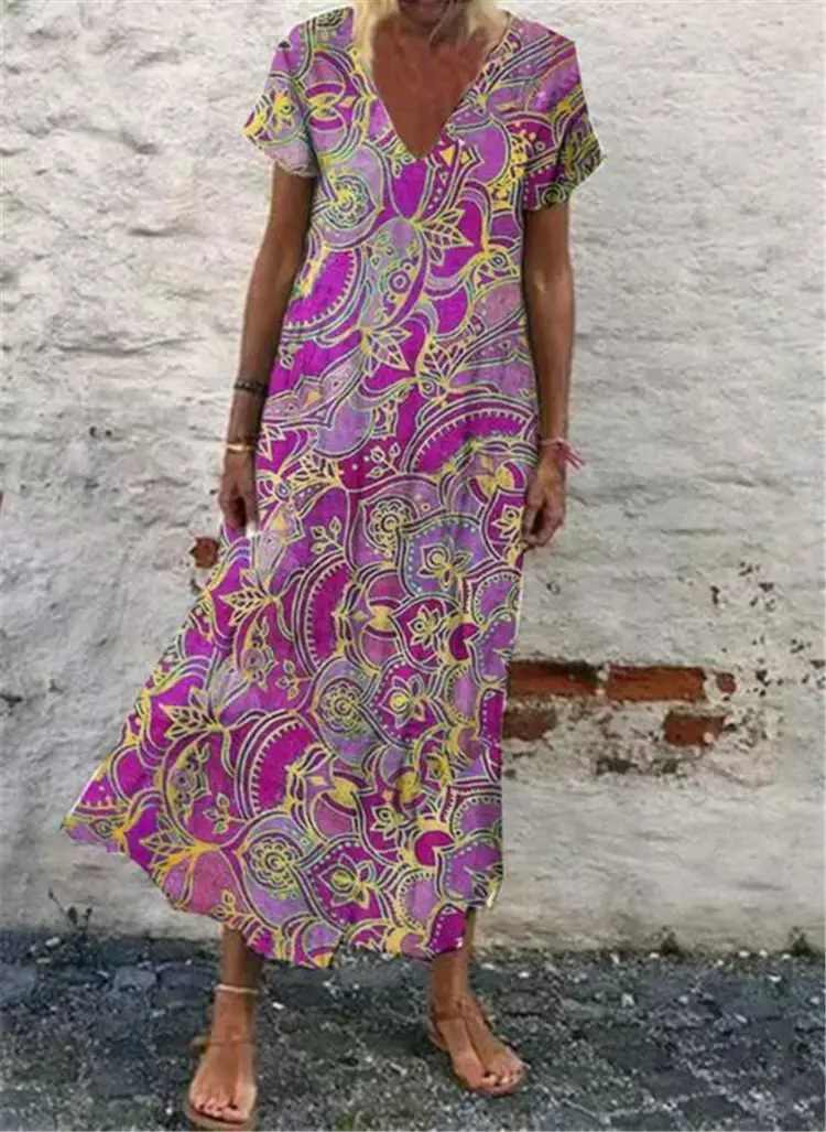 Aliexpress Boho Printed V-Neck Dress Orange Yellow - Image 3