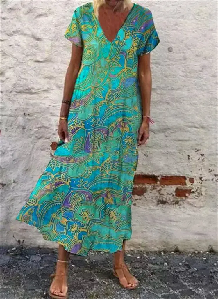 Aliexpress Boho Printed V-Neck Dress Orange Yellow - Image 4