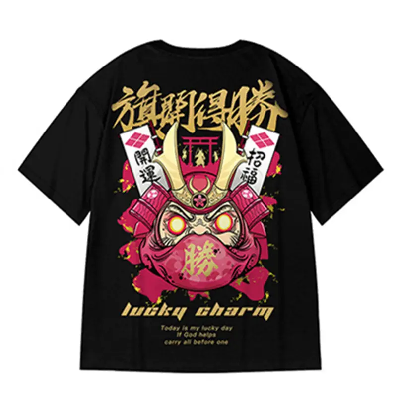 Men Harajuku Style Black T-Shirt with Wine Red Graphic Large - Image 8