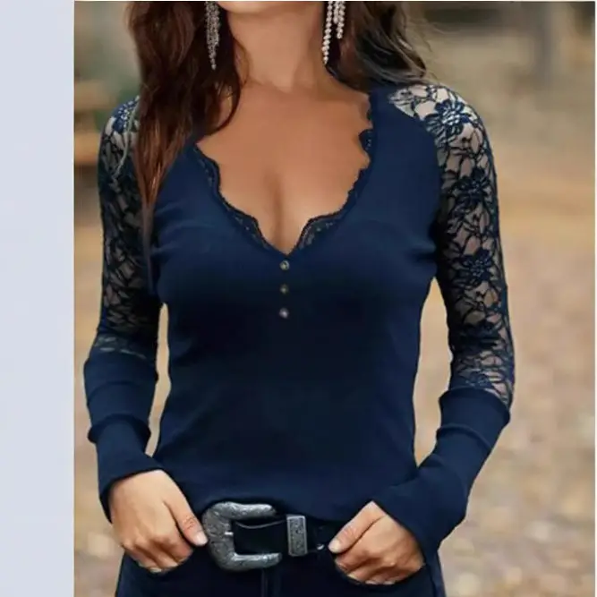 Maroon Lace Long Sleeve V-Neck Top for Women - Image 4