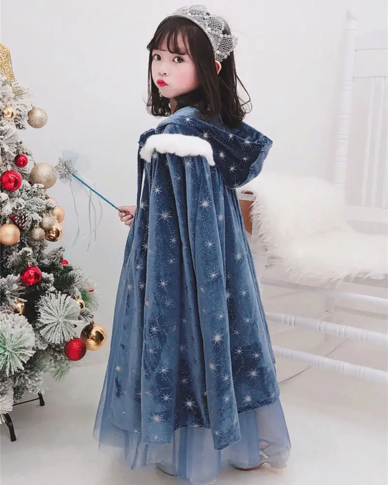 2025 Spring New Girls Elsa Dress Blue Tulle Snow White Cloak - Image 4