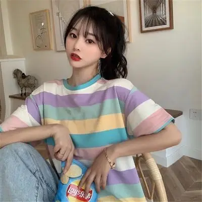 2025 Rainbow Striped Women's T-Shirt Loose Fit Casual Wear - Image 3