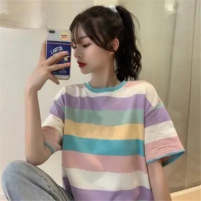 2025 Rainbow Striped Women's T-Shirt Loose Fit Casual Wear - Image 5