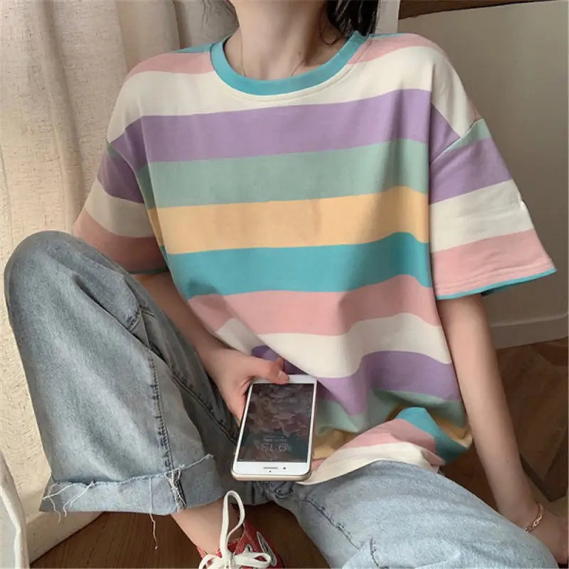2025 Rainbow Striped Women's T-Shirt Loose Fit Casual Wear — feature 2