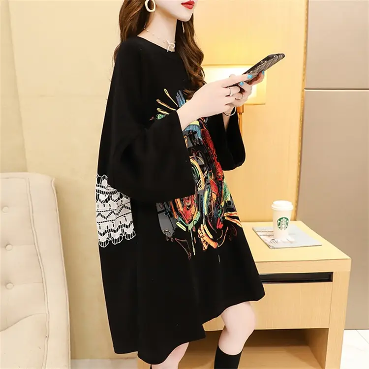 Black Printed Mid-Length Loose Women's Sweater