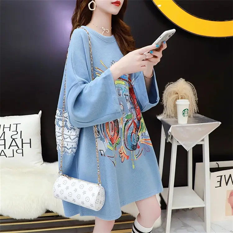 Black Printed Mid-Length Loose Women's Sweater