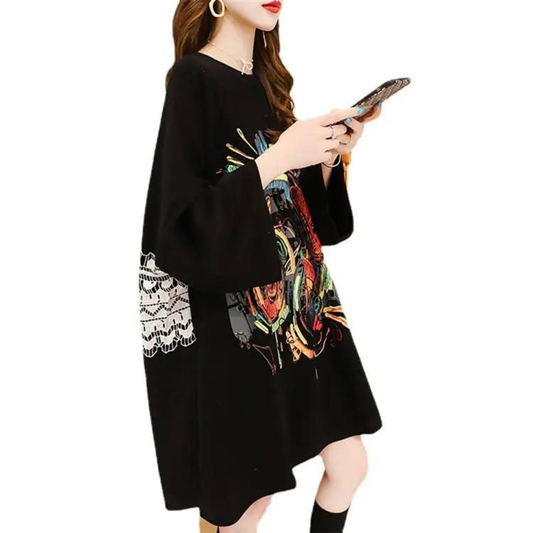 Black Printed Mid-Length Loose Women's Sweater