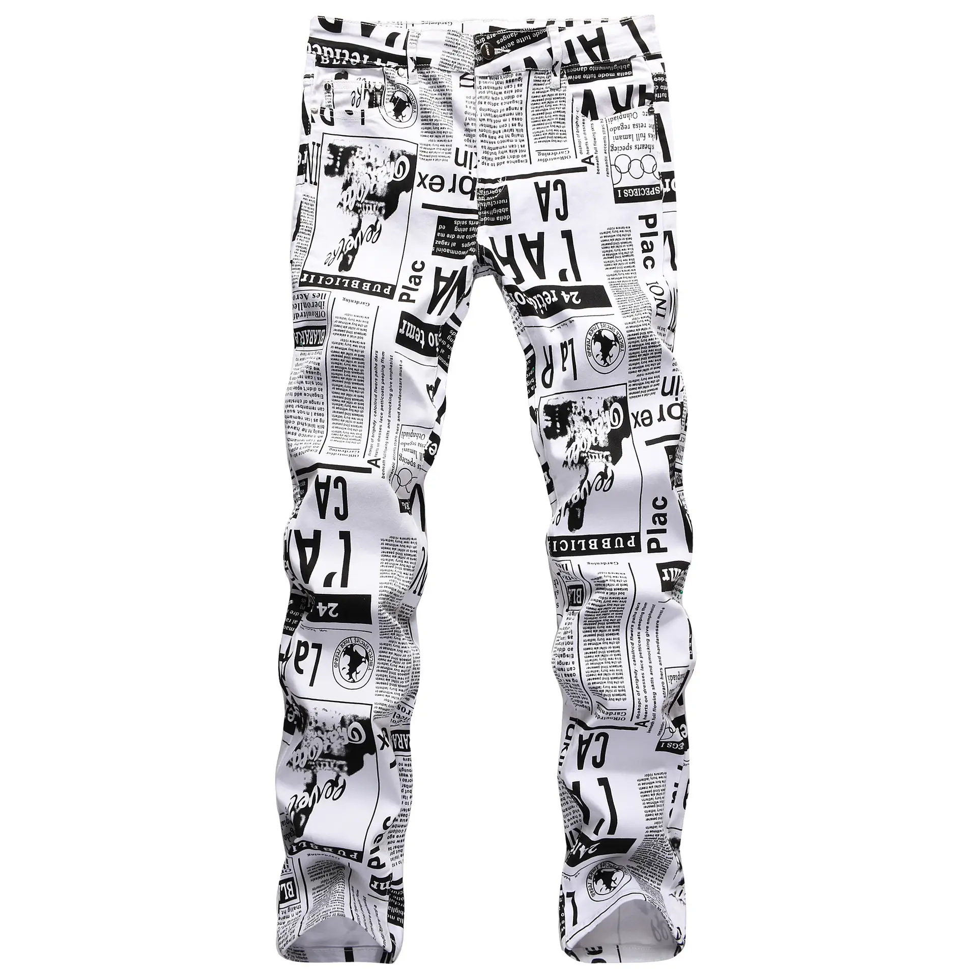 Men Vintage Printed Slim Fit Jeans White Black