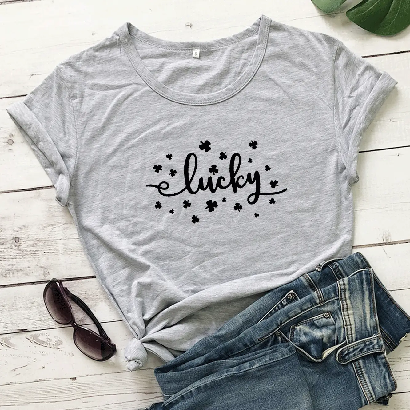 Lucky Letter Printed Grey T-Shirt Short Sleeve - Image 3