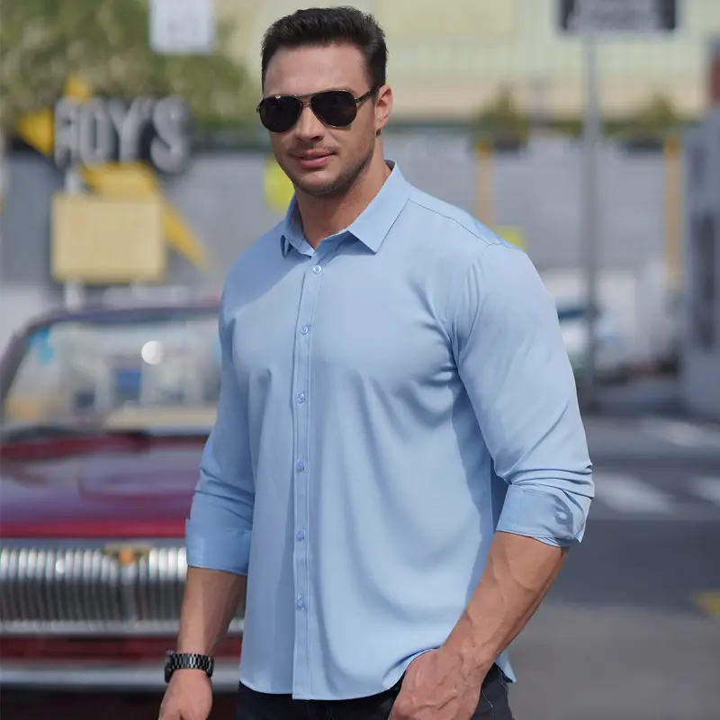 Plus Size Men Light Blue Stretch Shirt - Image 7