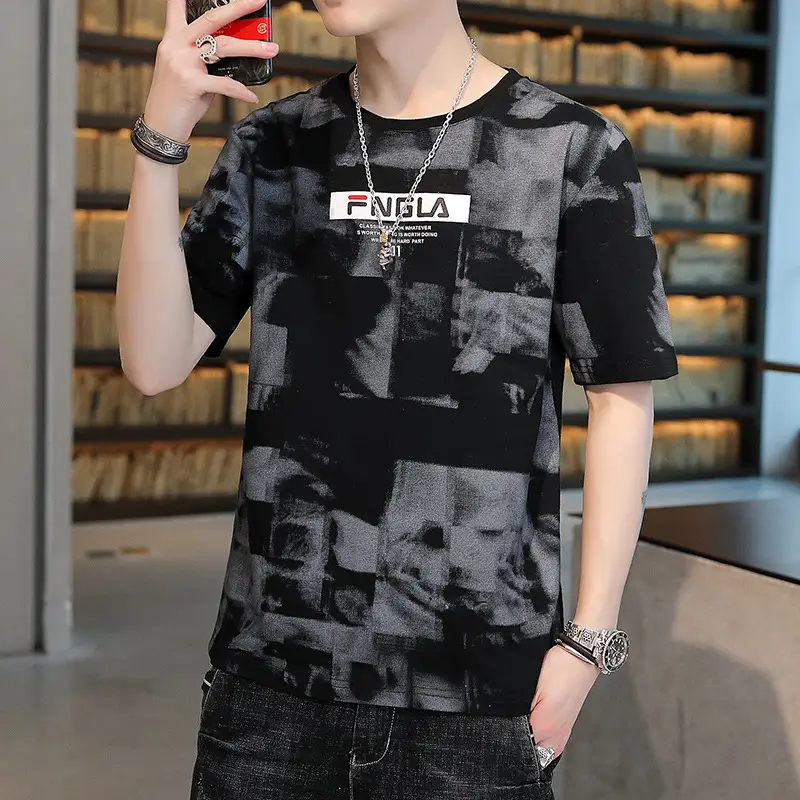 Men Grey Printed T-Shirt Large Summer Loose Fit - Image 2