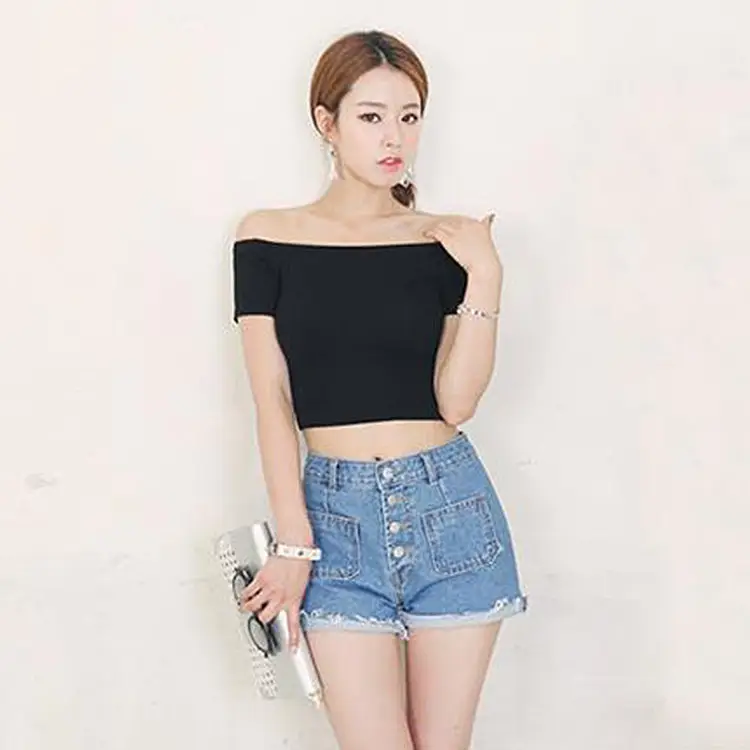 Women Pink Navel-Baring T-Shirt Short Sleeve Korean Style