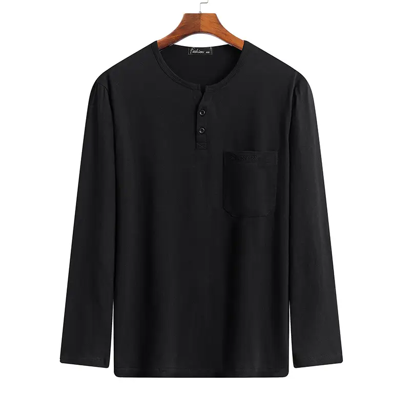 Men's Navy Blue Cotton T-Shirt Long Sleeve Middle Age - Image 2