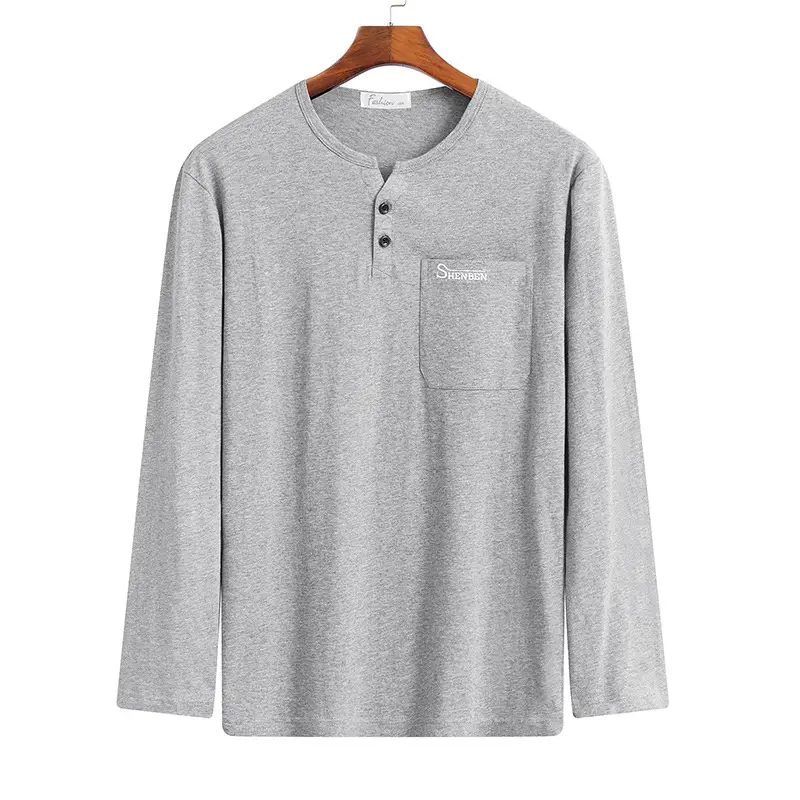 Men's Navy Blue Cotton T-Shirt Long Sleeve Middle Age - Image 4