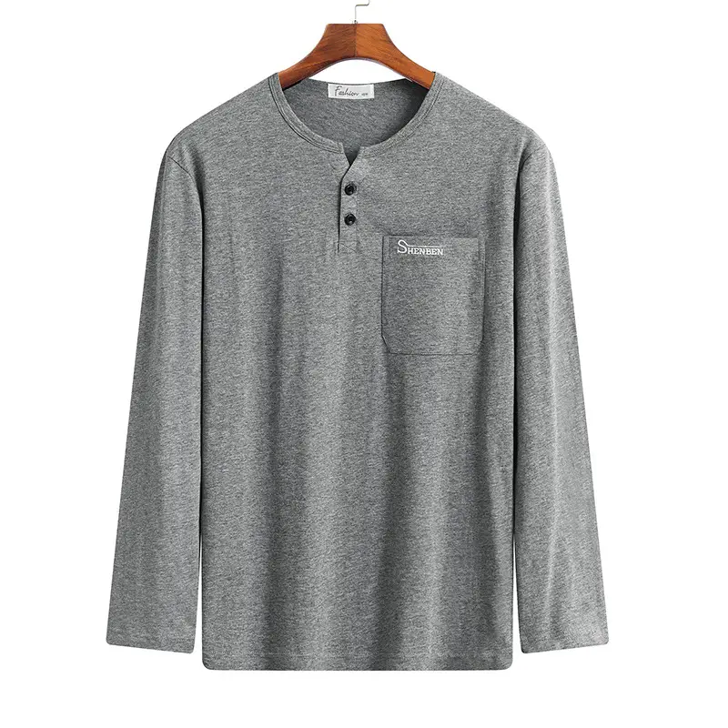 Men's Navy Blue Cotton T-Shirt Long Sleeve Middle Age - Image 5