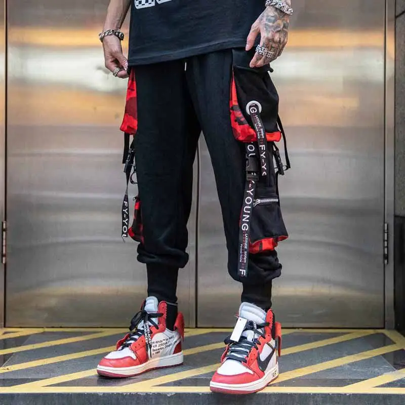 Men's Black Red Cargo Pants Hip Hop Style Loose Fit