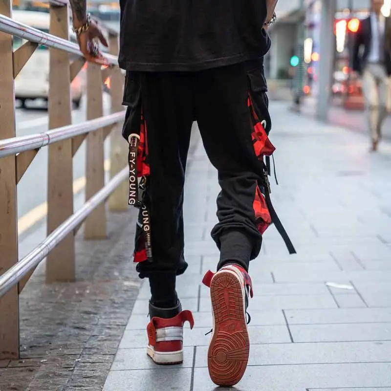 Men's Black Red Cargo Pants Hip Hop Style Loose Fit