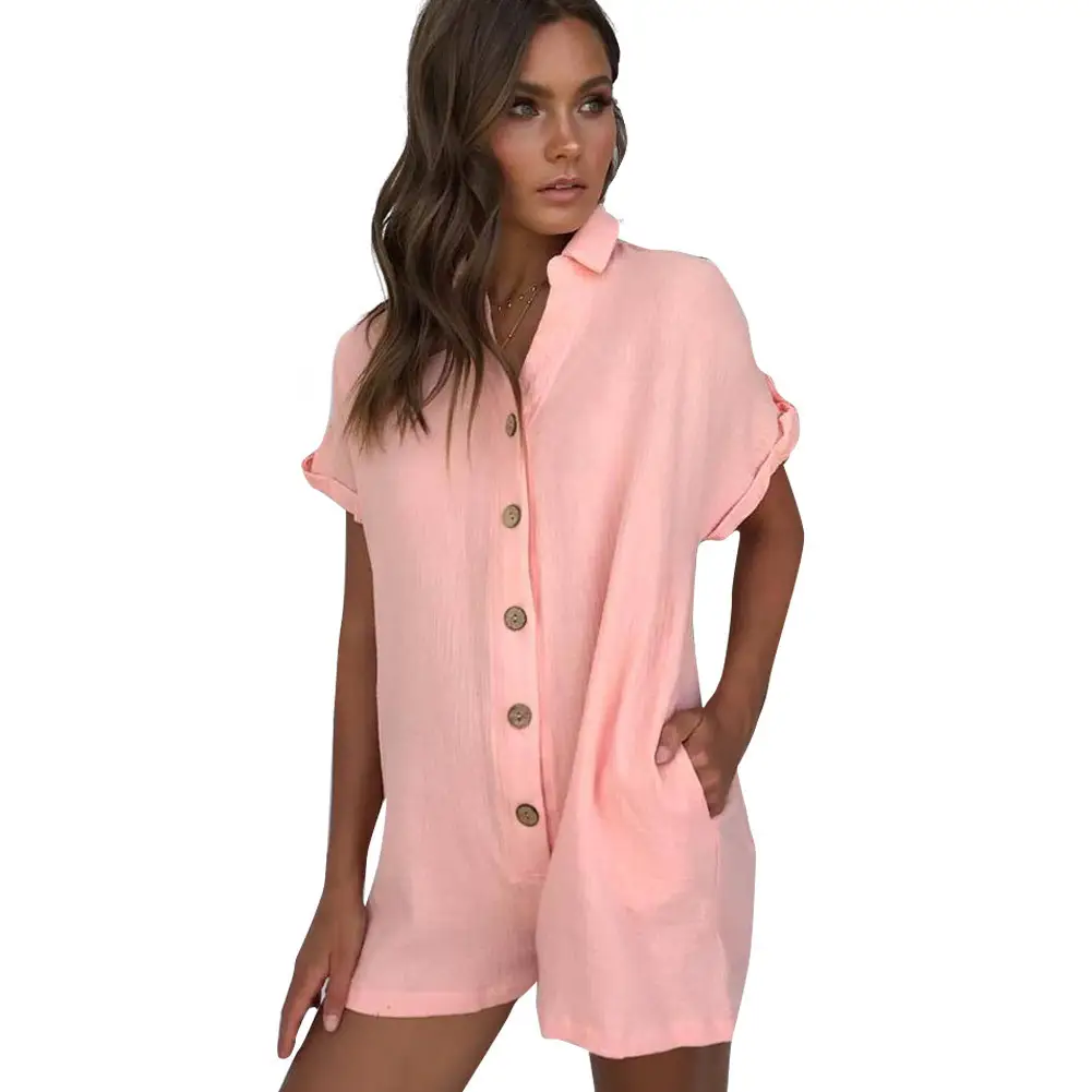 Pink Button Lapel Shirt & Shorts Set for Women