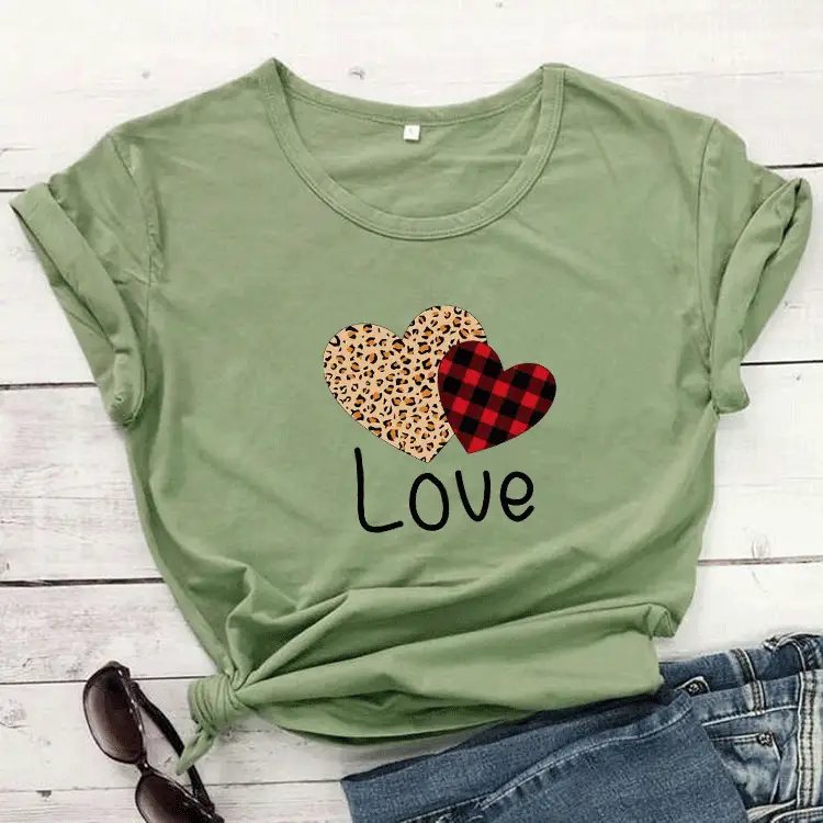 Green T-Shirt Valentine Heart Print Love Design - Image 4