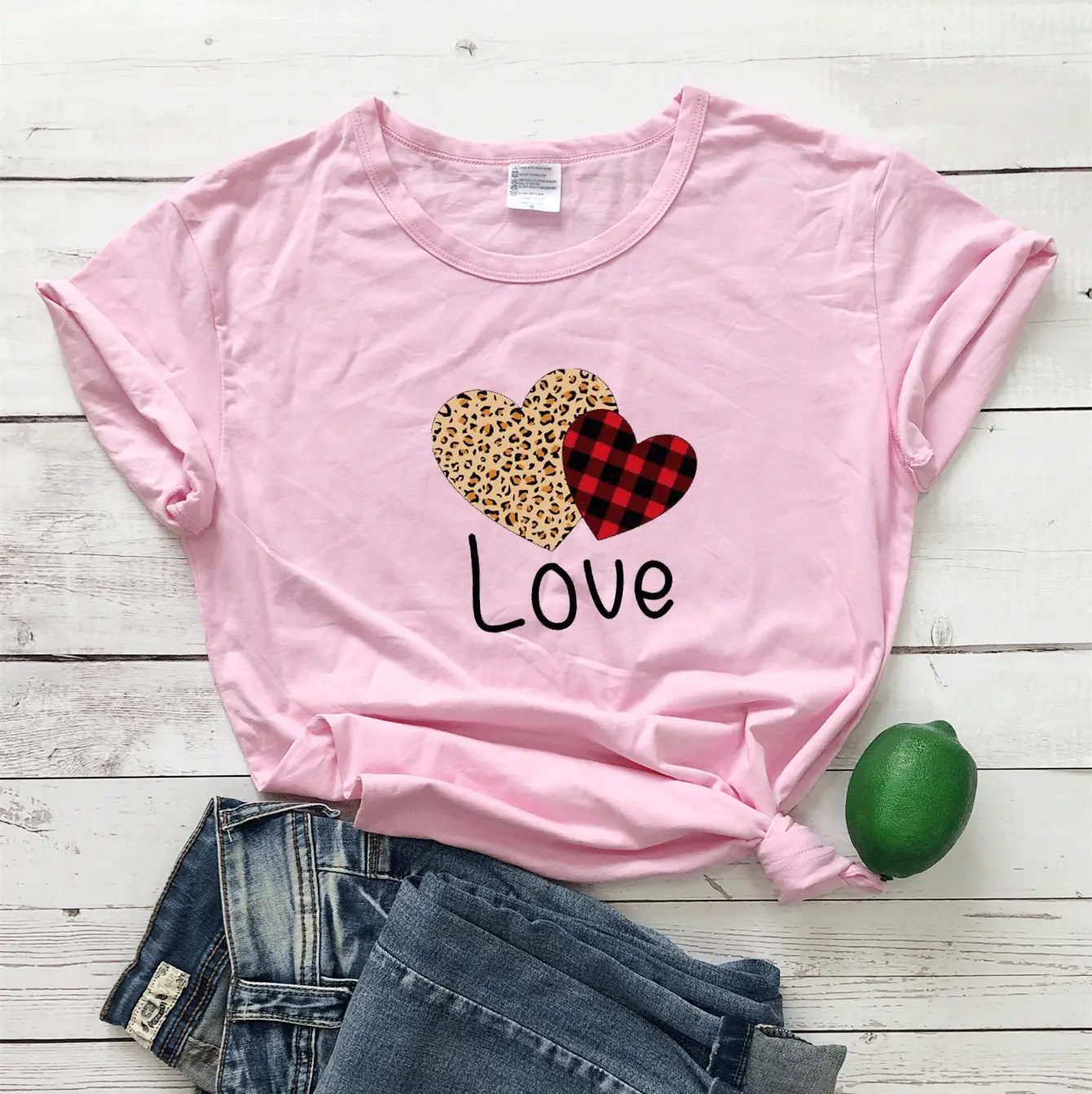 Green T-Shirt Valentine Heart Print Love Design - Image 6