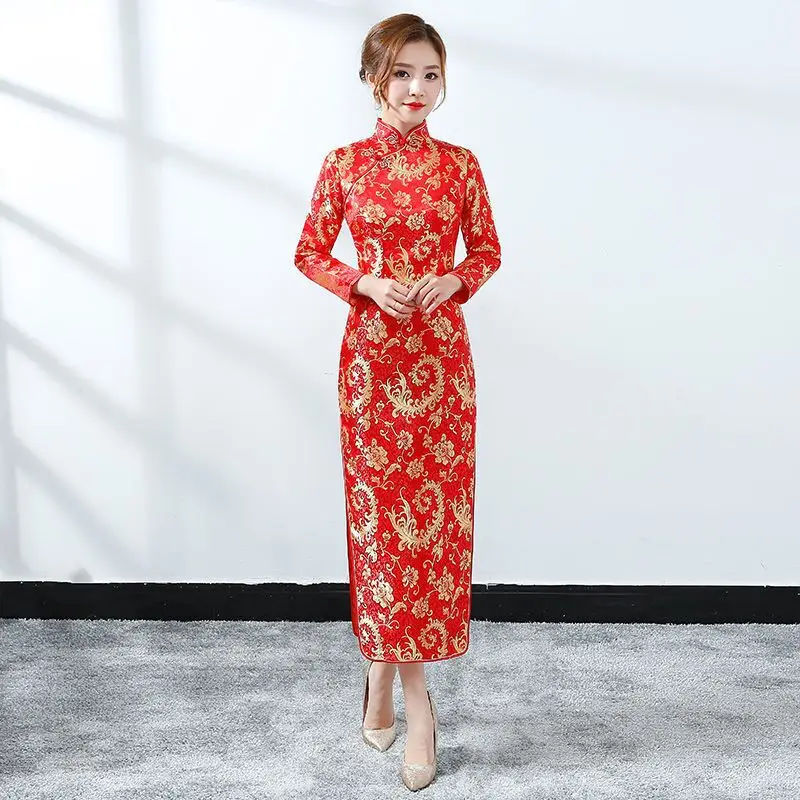 Red Chinese Wedding Dress for Moms Autumn Winter - Image 4