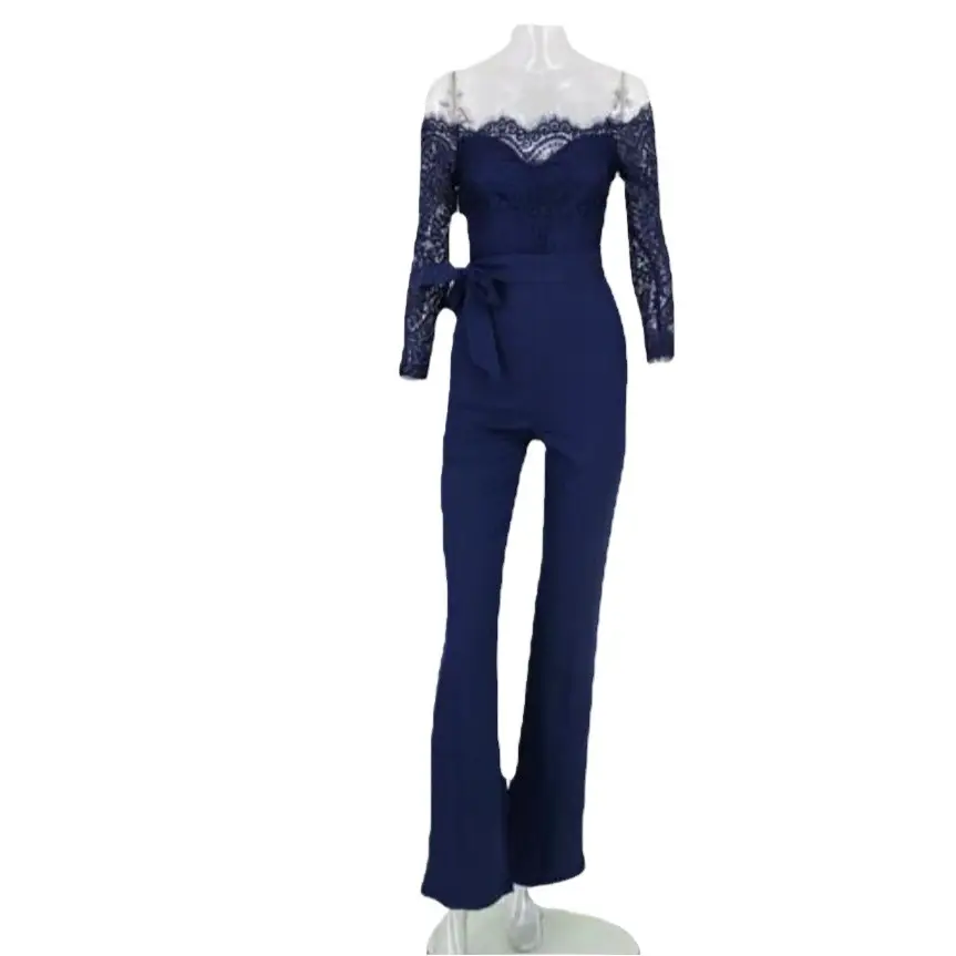 2026 White Lace Long Sleeve Belted Jumpsuit