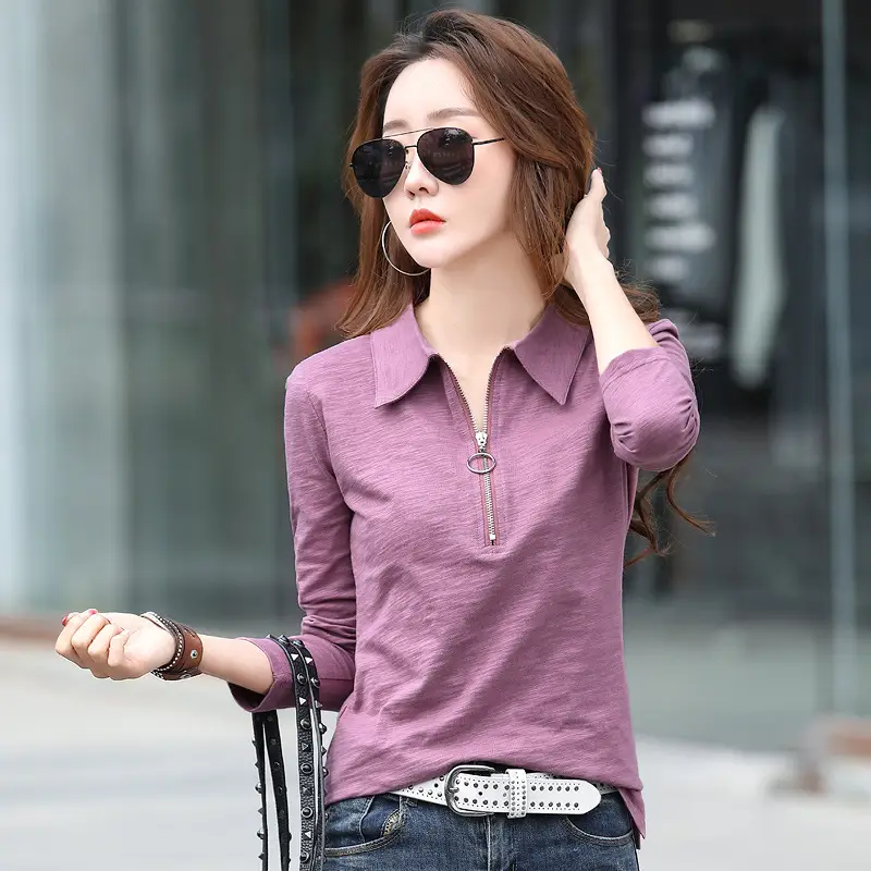 Women's Red Long Sleeve Polo Collar T-Shirt - Image 2