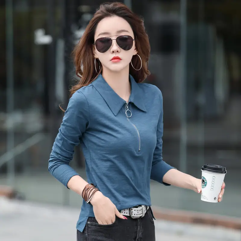 Women's Red Long Sleeve Polo Collar T-Shirt - Image 4
