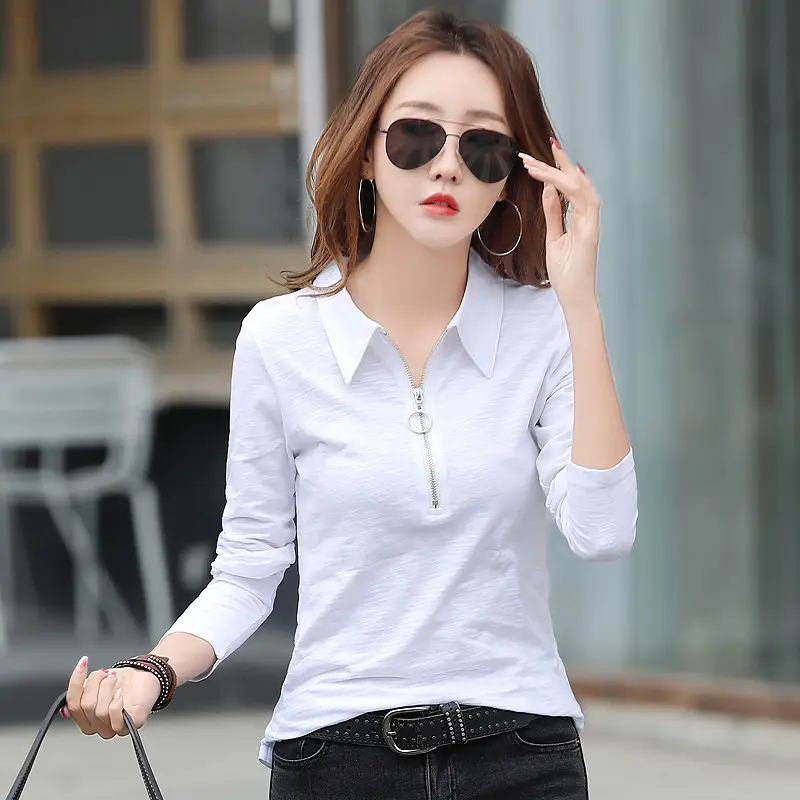 Women's Red Long Sleeve Polo Collar T-Shirt - Image 3
