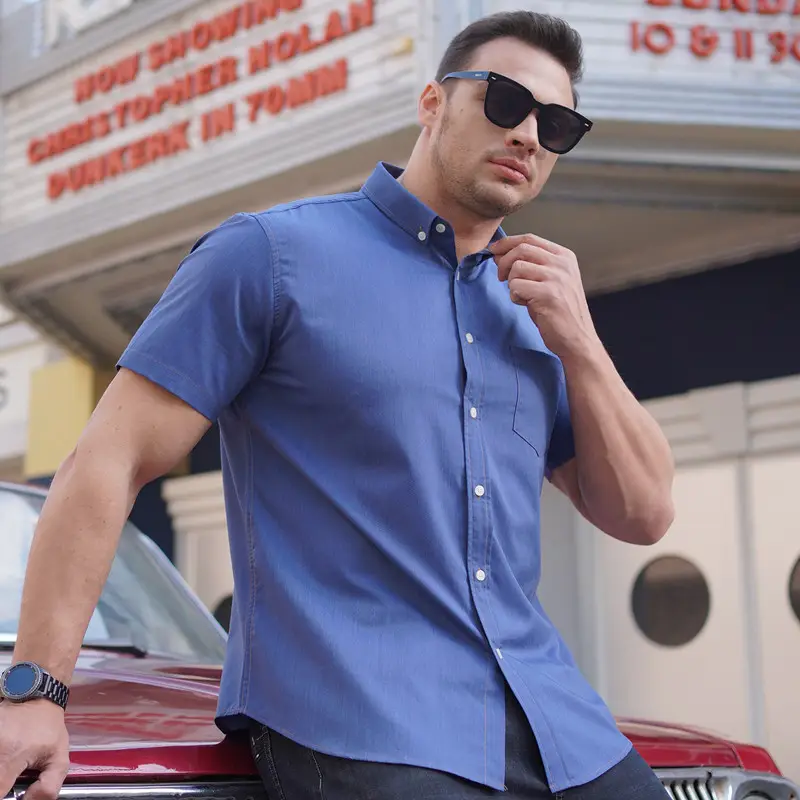 Light Blue Short Sleeve Men's Shirt with Pocket - Image 3