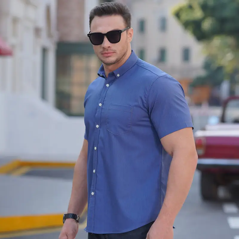 Light Blue Short Sleeve Men's Shirt with Pocket - Image 5