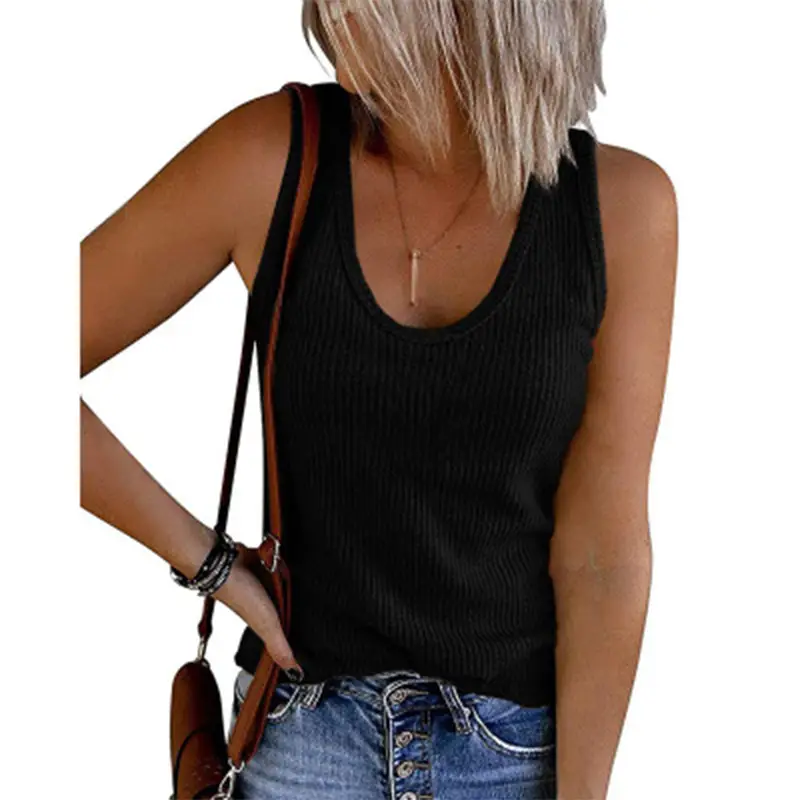 Women's Black Ribbed Knitted Sleeveless Vest U-Neck - Image 11