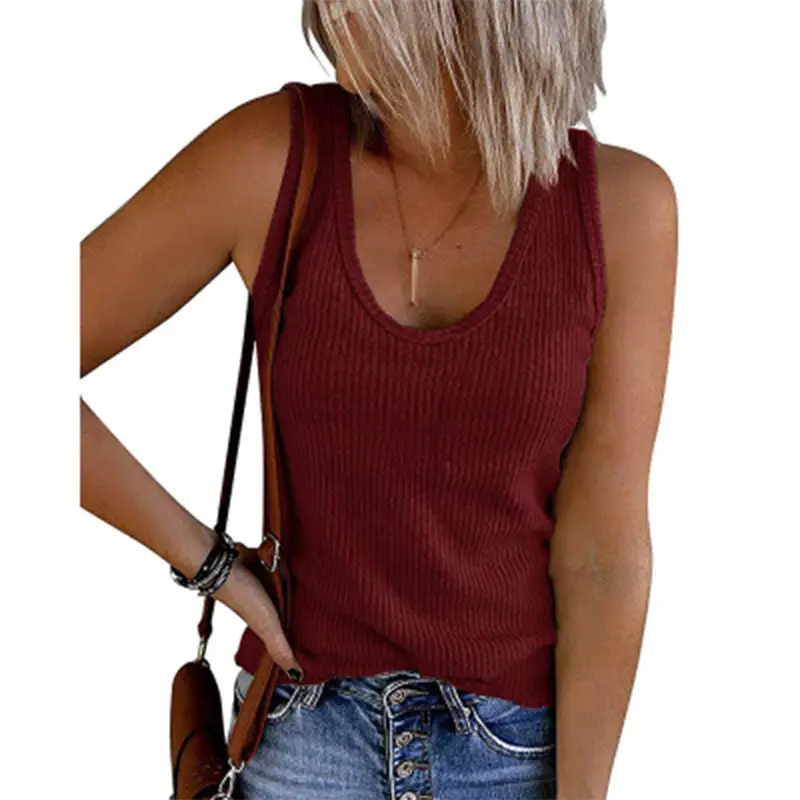 Women's Black Ribbed Knitted Sleeveless Vest U-Neck - Image 8