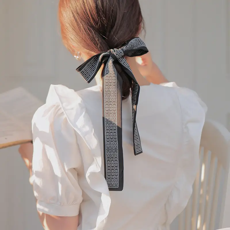 Narrow Houndstooth Scarf with Floral Tie for Women