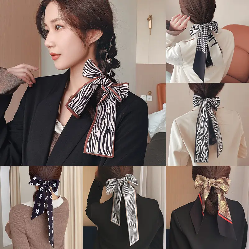 Narrow Houndstooth Scarf with Floral Tie for Women
