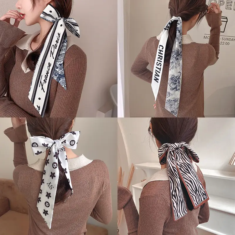 Narrow Houndstooth Scarf with Floral Tie for Women