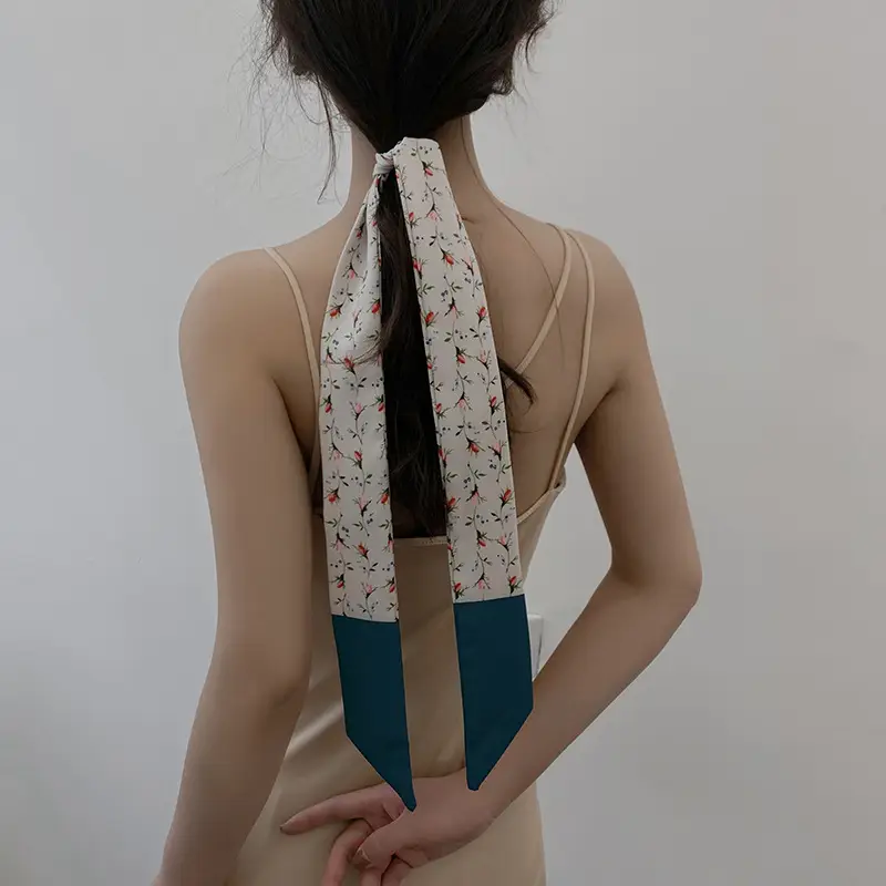Narrow Houndstooth Scarf with Floral Tie for Women