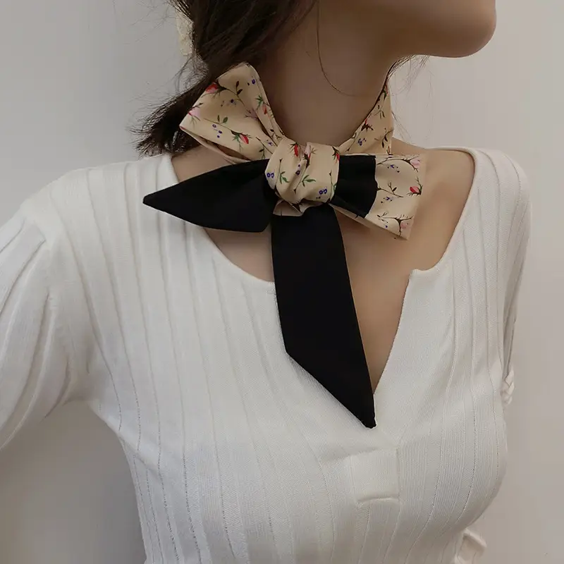 Narrow Houndstooth Scarf with Floral Tie for Women