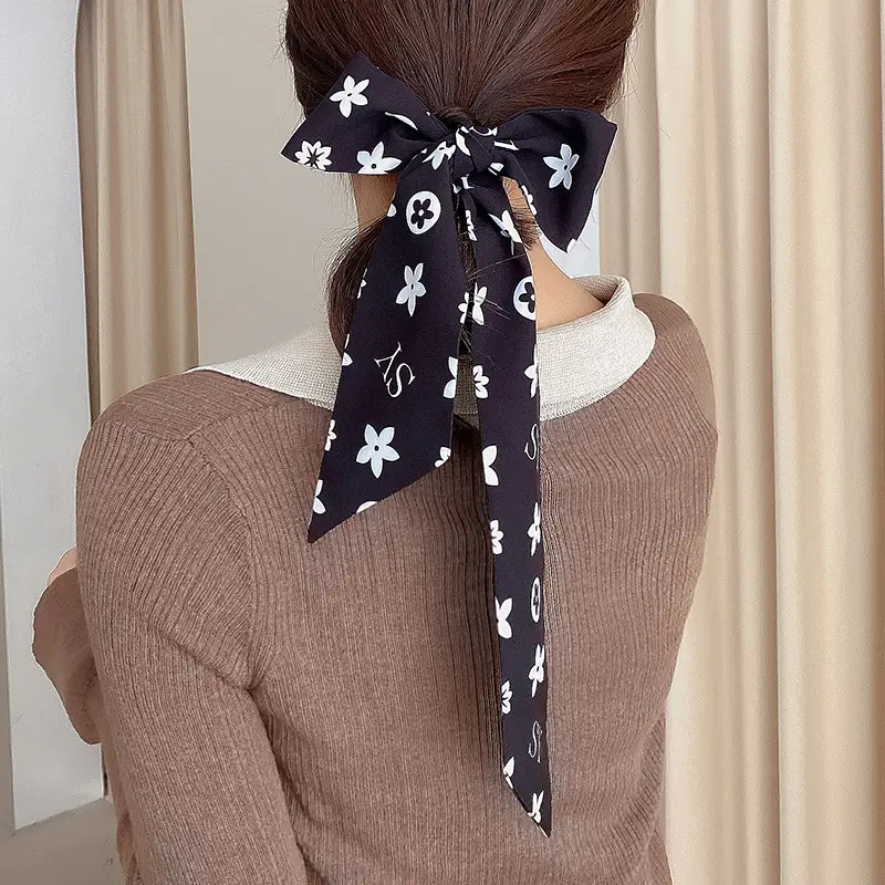 Narrow Houndstooth Scarf with Floral Tie for Women