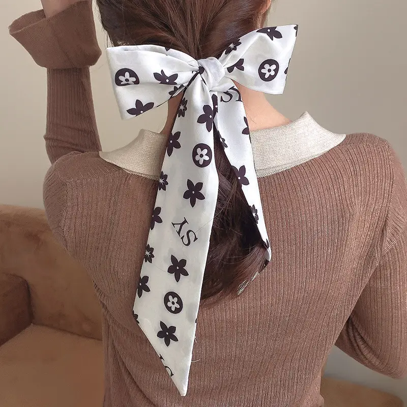 Narrow Houndstooth Scarf with Floral Tie for Women