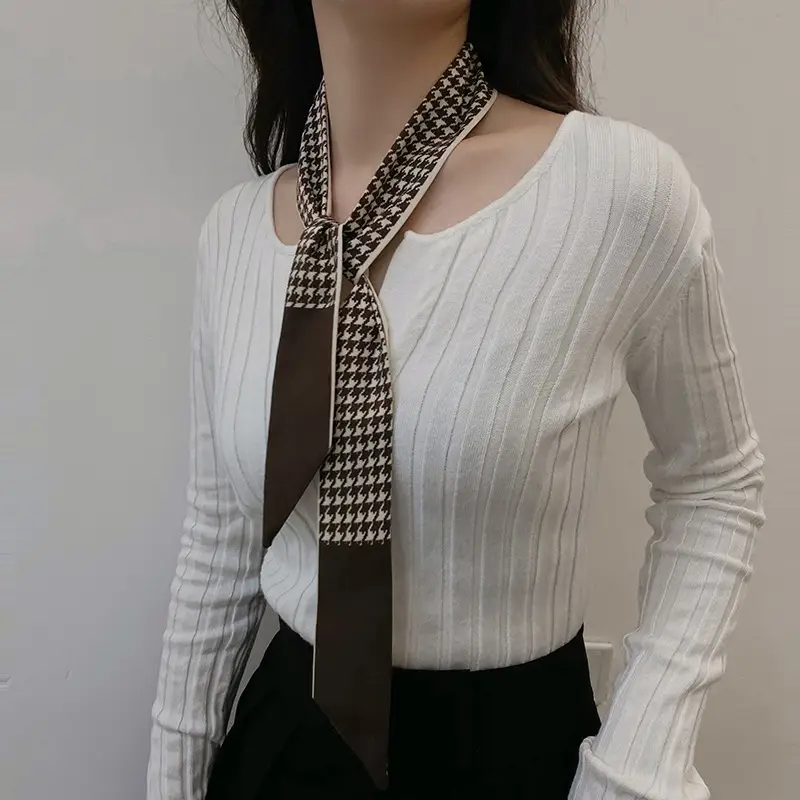 Narrow Houndstooth Scarf with Floral Tie for Women