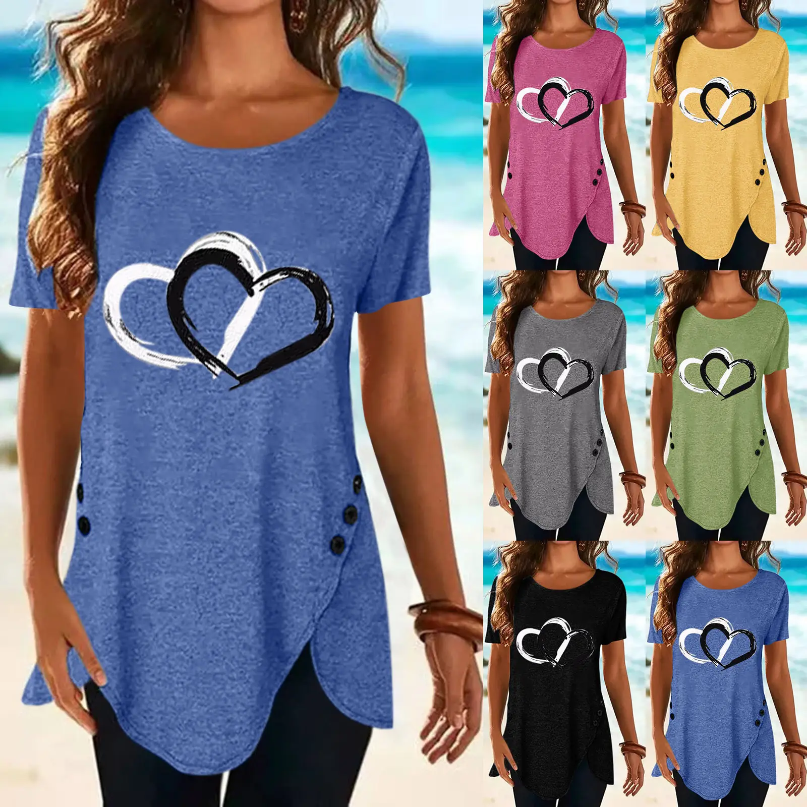 Women Love Heart Print Irregular Button T-Shirt Yellow