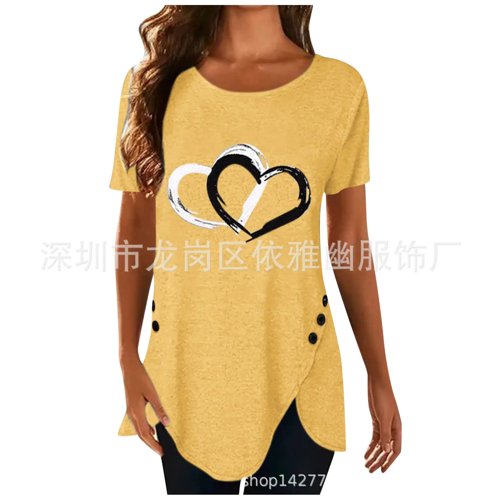Women Love Heart Print Irregular Button T-Shirt Yellow