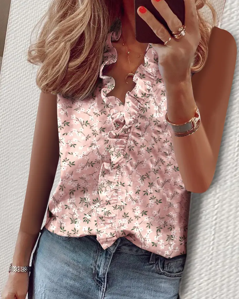 2023 Ruffled Sleeveless Pink Floral Top Women - Image 7