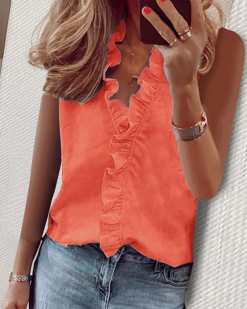 2023 Ruffled Sleeveless Pink Floral Top Women - Image 3