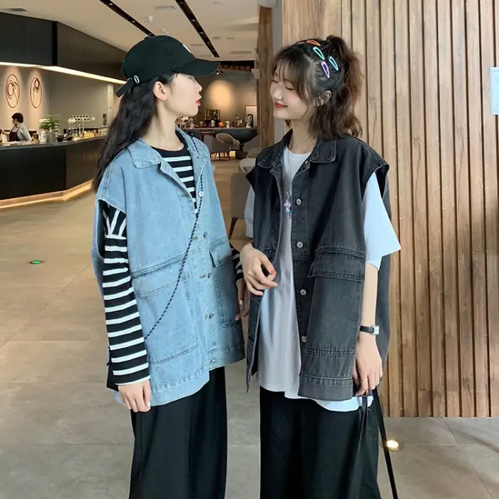 Women Denim Vest Jacket Black Striped Long Sleeve K-Style - Image 4