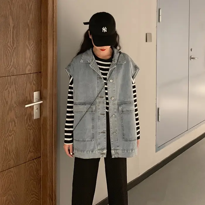 Women Denim Vest Jacket Black Striped Long Sleeve K-Style - Image 5