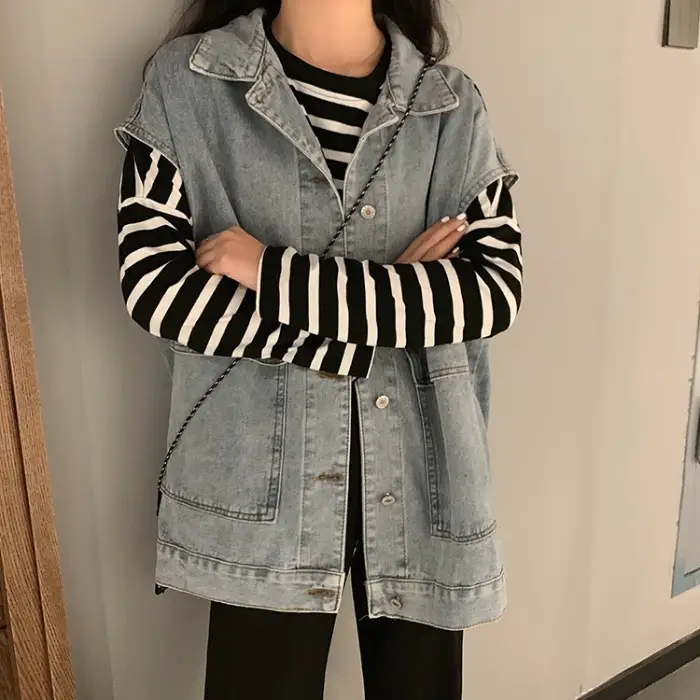 Women Denim Vest Jacket Black Striped Long Sleeve K-Style - Image 6